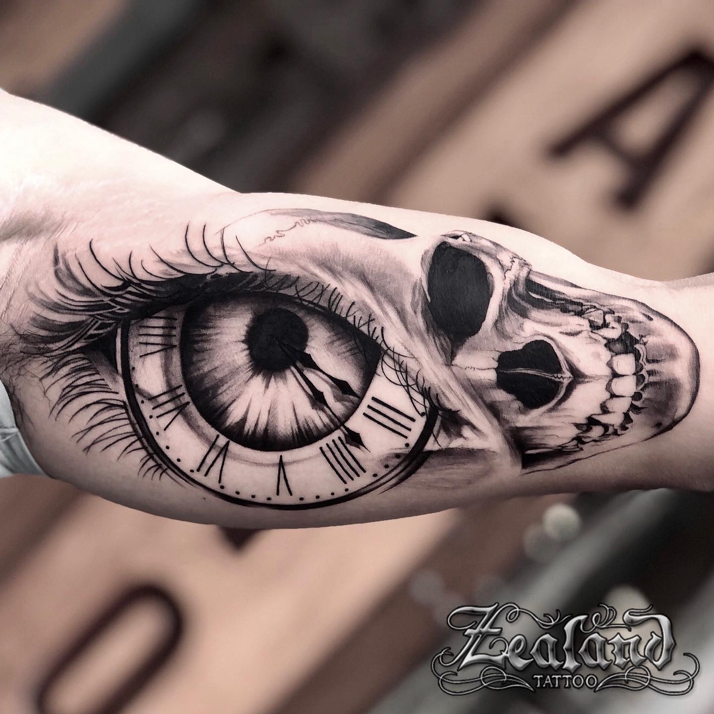 Blue And Black Eyes 3D Skull Tattoo On Right Hand
